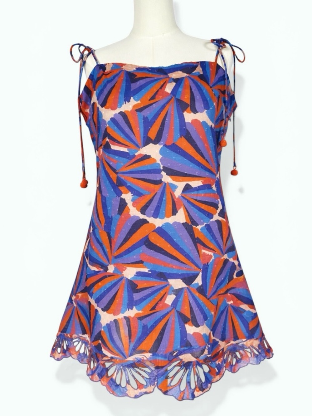 Farm Rio Seashell Print Mini Dress Embroidered Scallop Hem Cotton Size XL - Picture 2 of 11